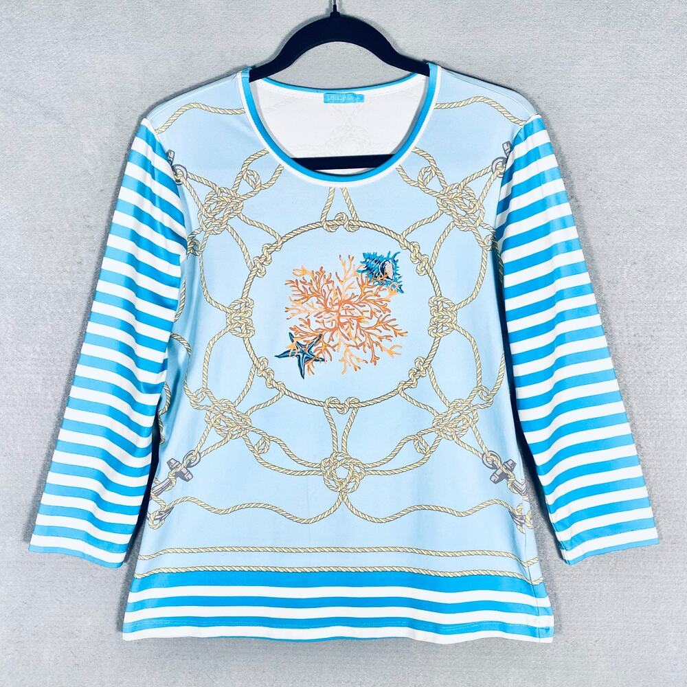 J Mclaughlin Top Womens M Blue Catalina Cloth Blouse Nautical Sailing Old Money